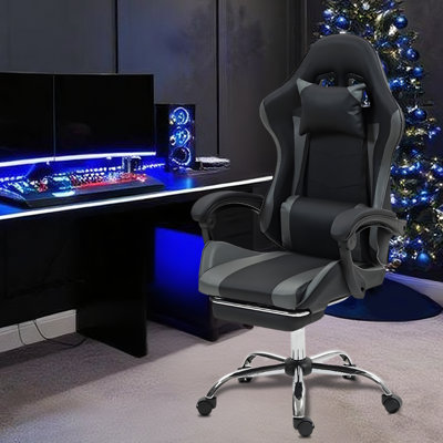 Gaming Chair with Massage Lumbar Support Ergonomic Video Game Chair for Adults, Adjustable Headrest & Footrest, 90-135° Recline, 360° Swivel, Grey