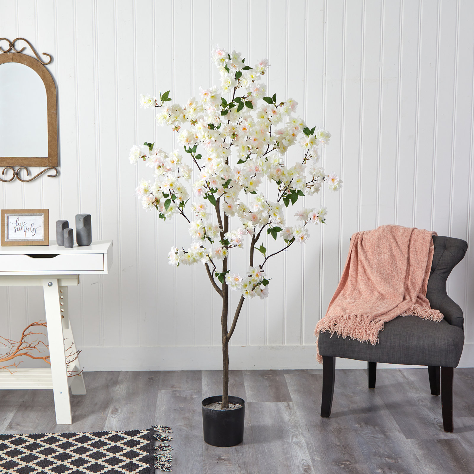 Faux Cherry Blossom Tree in Planter, White, 72" H x 31" W x 10" D