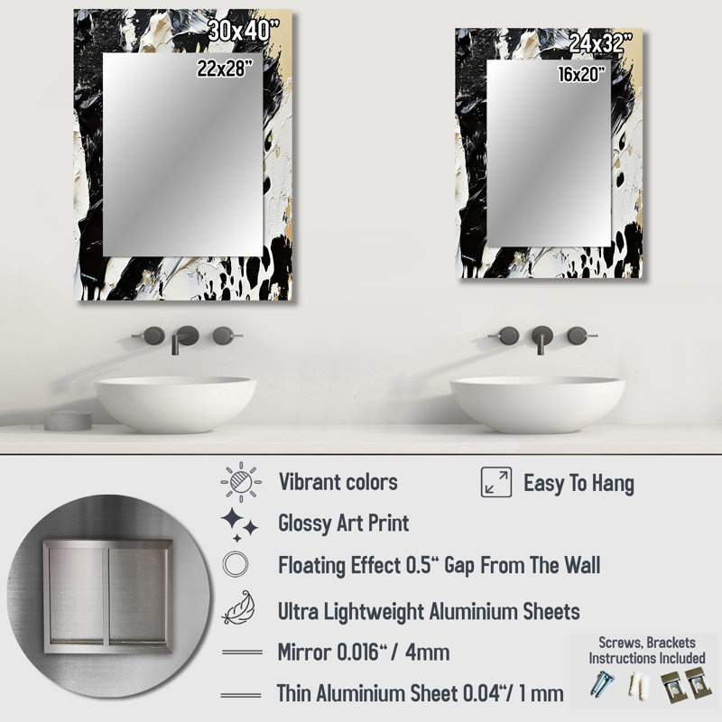 «Black and White Paint Stroke Fight», grand miroir mural de formes abstraites, miroir décoratif blanc, impression d'art en métal