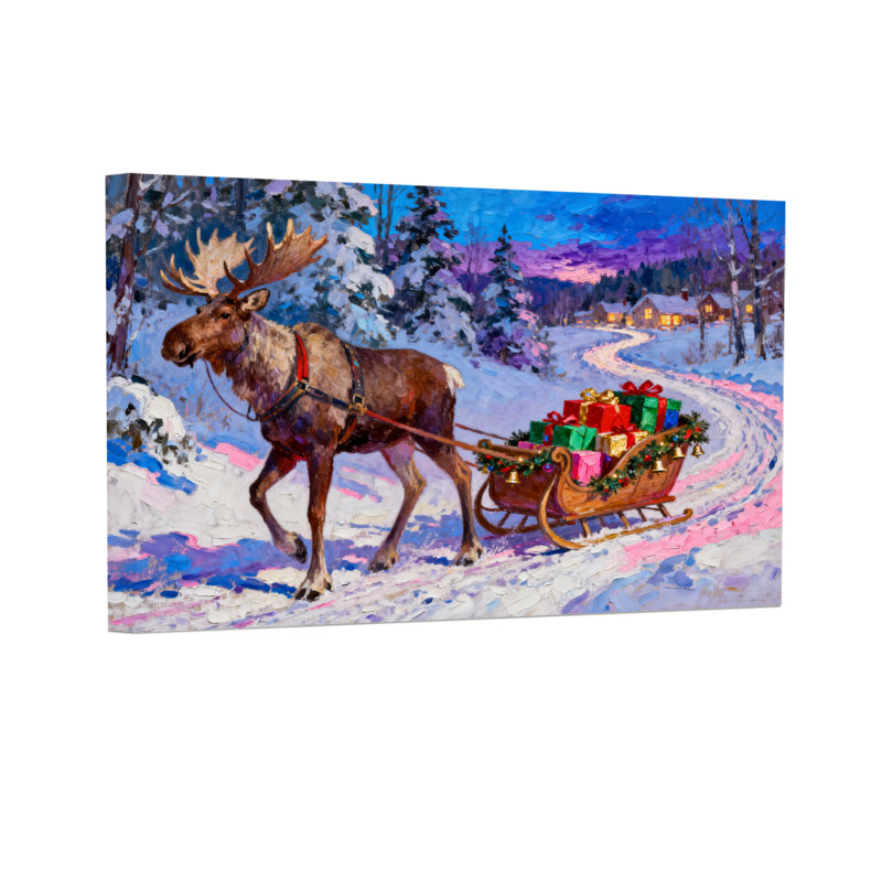 Orignal de Noël tirant un traîneau avec des cadeaux dans un paysage enneigé, H 24 po x l 36 po