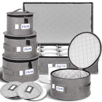 China Storage Containers For 12 Place Setting With Two Plate Bags, 5 Pcs Hard Shell Quilted China Storage Cases,Grey