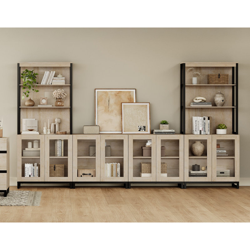 Modern 72" Tall Bookcases With Glass Doors And Adjustable Shelves, Library Book Shelf With Storage Cabinet And Open Book Shelfs, Wood Bookshelves For Home Office, Living Room, Beige