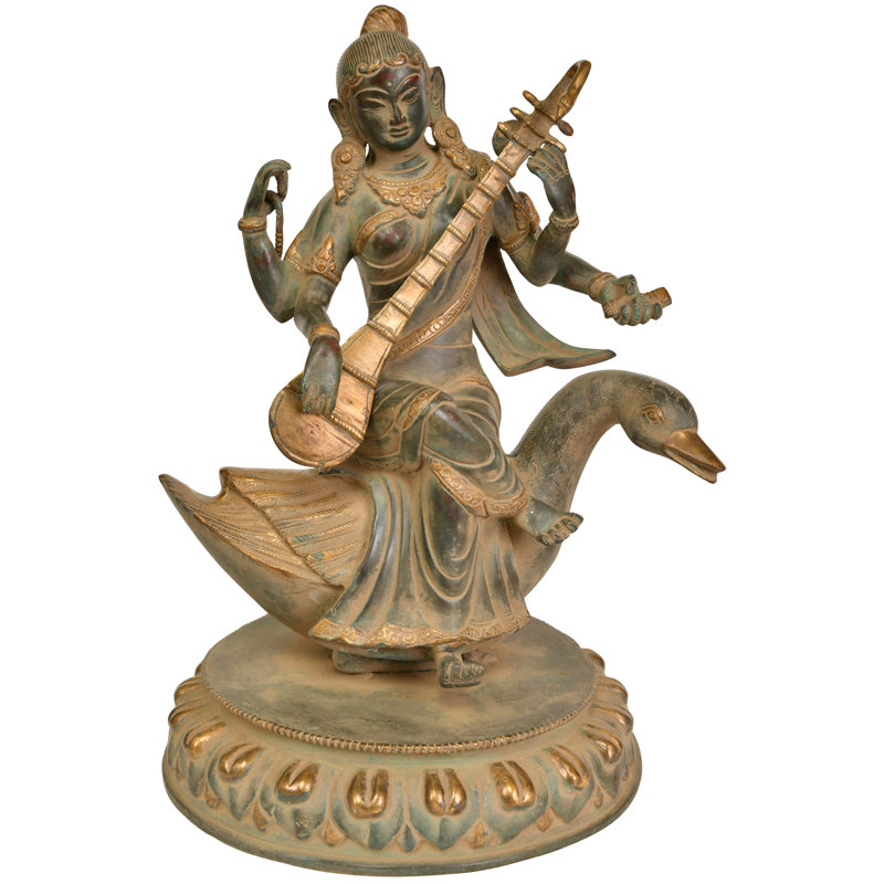 13" Goddess Saraswati Seated on Swan Brass Statue - Handcrafted Hindu Goddess of Knowledge with Veena for Temple Home Decor