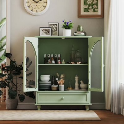 Buffet de ferme arqué avec porte en verre, armoire de rangement blanche avec plateau à niveaux et 1 tiroir, armoire-buffet pour le salon-bar