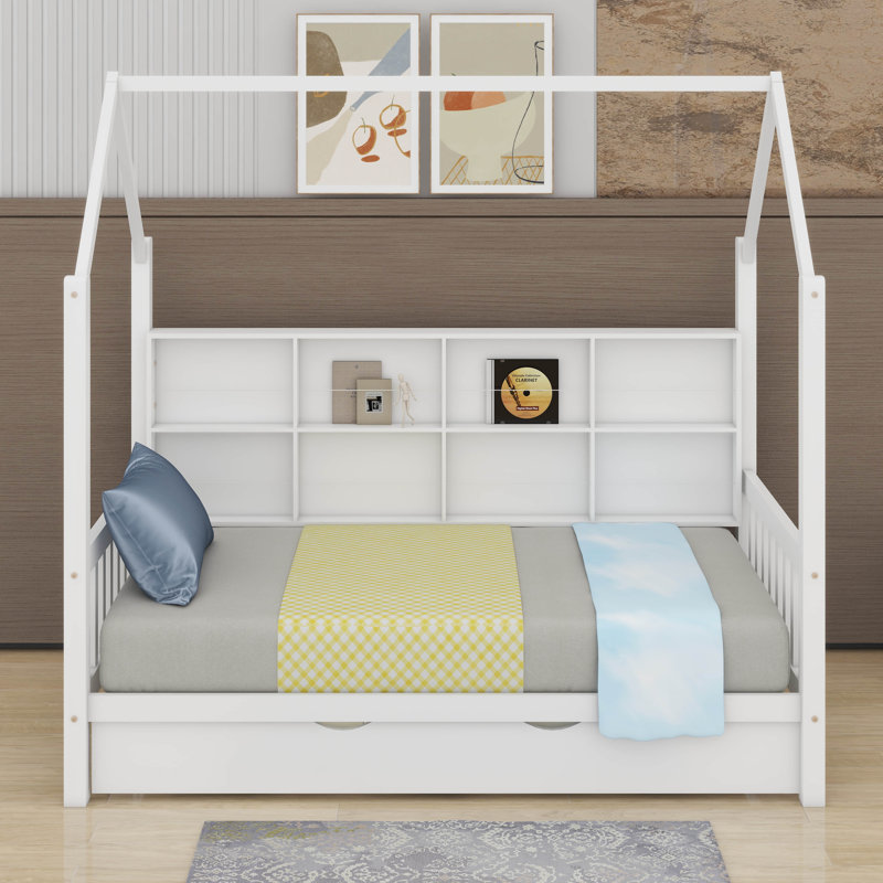 Wooden Twin Size House Bed With Trundle, Twin