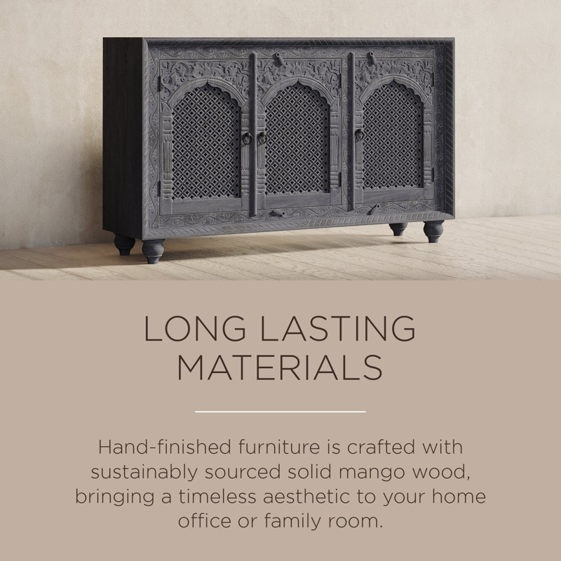 Gray Distressed Handmade Wooden Sideboard with Carved Doors