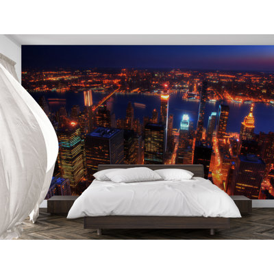 NYC Aerial Night Skyline Wall Mural – New York City Lights Wallpaper For Bedroom Vn896 (Peel-N-Stick) VN896