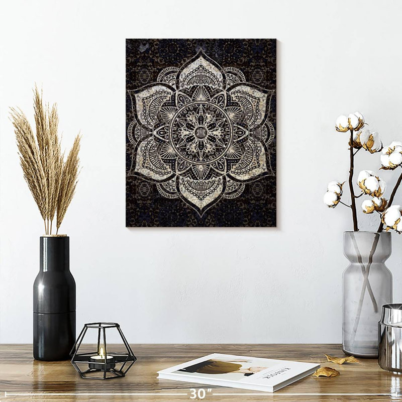 Impression sur toile noir et blanc Mandala, H 15 po x l 12 po x P 1,25 po