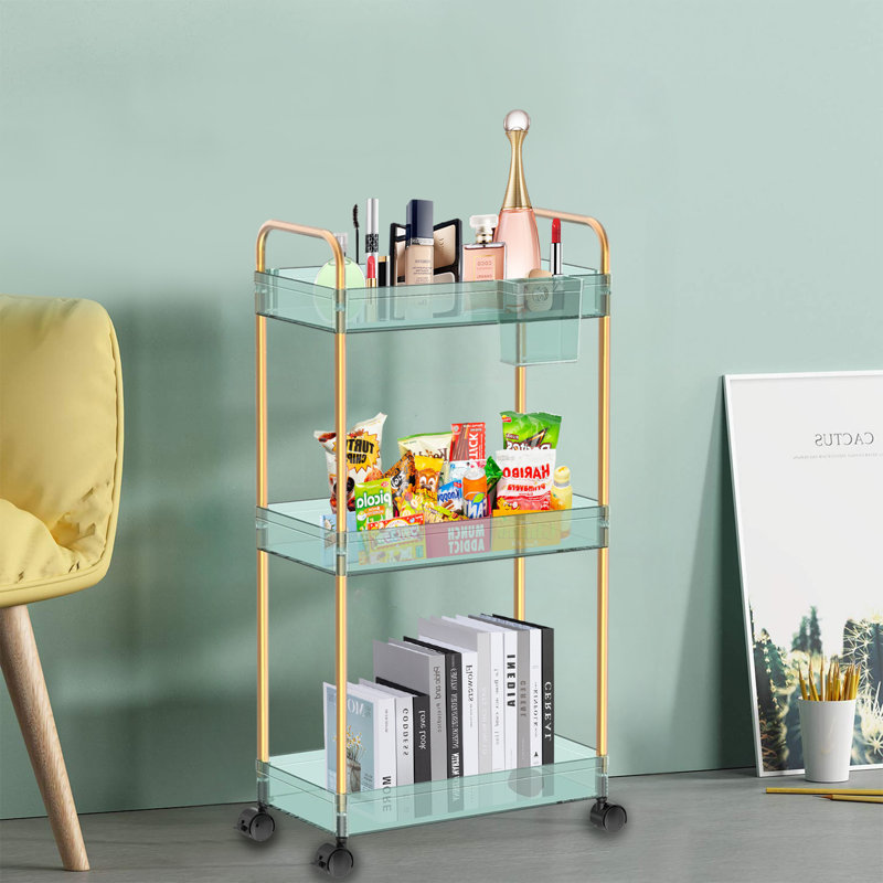 Étagère en acrylique à 3 niveaux, polyvalente et durable Rrolley, flexible et durable, Vert/doré