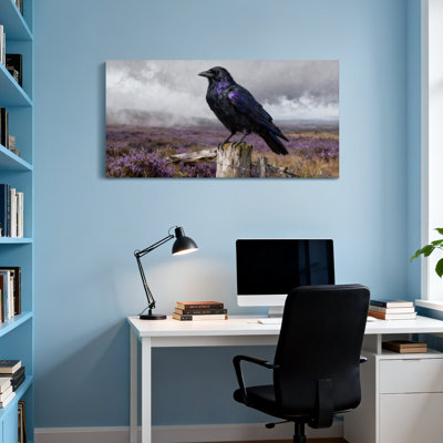 Animals Raven Perched On Wood With Purple Field Background