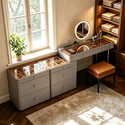 High-quality Modern Makeup Vanity,Saddle Grain Faux Leather Finish, solid wood multi-layer board Cabinet,8 Drawers, LED mirror; very easy to assemble