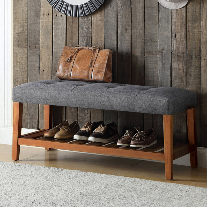 Warwickshire Wood Upholstered Storage Bench with Slatted Shelf, Gray, Walnut