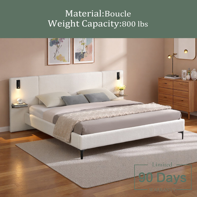 Lit tapissier Chic Boucle avec lumières et tablettes intégrées, Très grand