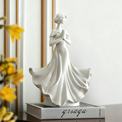 Statue de femme blanche priant avec robe fluide, sculpture minimaliste moderne pour le salon, la chambre à coucher et le vestibule, figurine en résine effet céramique de H 11,2 po
