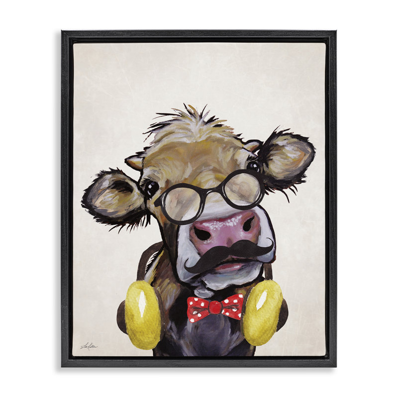 Hipster Cow & Headphones, Cadre flottant noir de jais, H 21 po x l 17 po