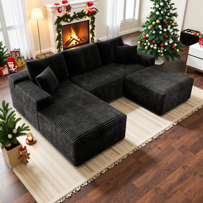 Koli U-shaped Cloud Sectional Sofa Couch, Compression Modular Sofa, Black Corduroy, Left Facing, Black Velvet