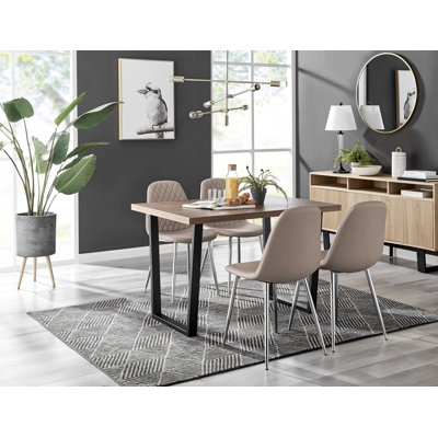 Kylooe Modern Brown Wood And Black Metal Dining Table Set With 4 Luxury Faux Leather Dining Chairs
