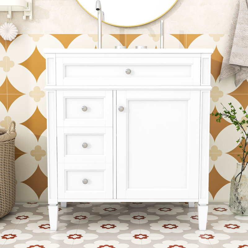 Meuble-lavabo de salle de bain avec comptoir en céramique et plateau coulissant en céramique sriyaan, Blanc, Argent argent