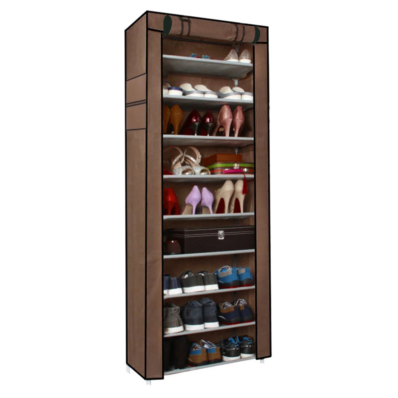Range-chaussures à 10 niveaux avec housse anti-poussière, rangement autoportant avec tablettes amovibles et poches latérales