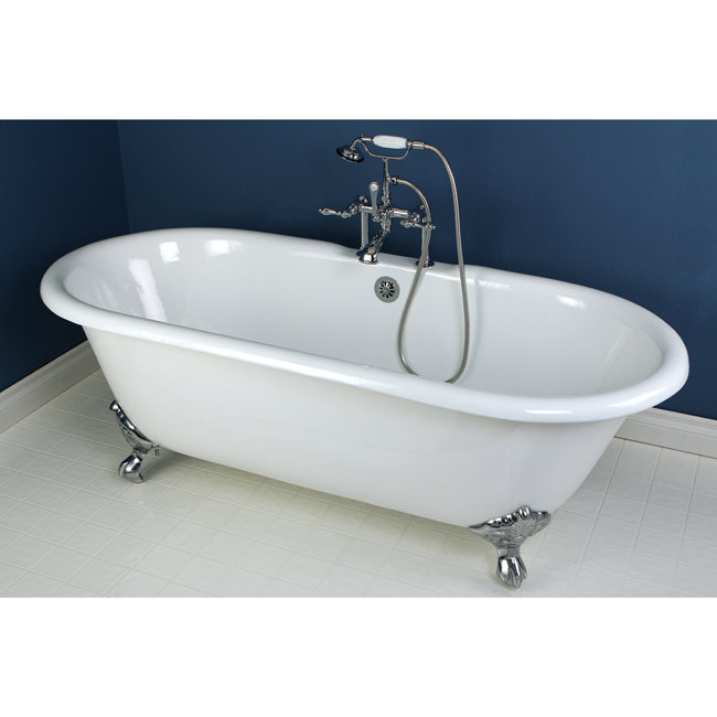 Kingston Brass Aqua Eden 66-Inch Cast Iron Oval Double Ended Clawfoot Tub (7-Inch Faucet Drillings), White/Polished Chrome