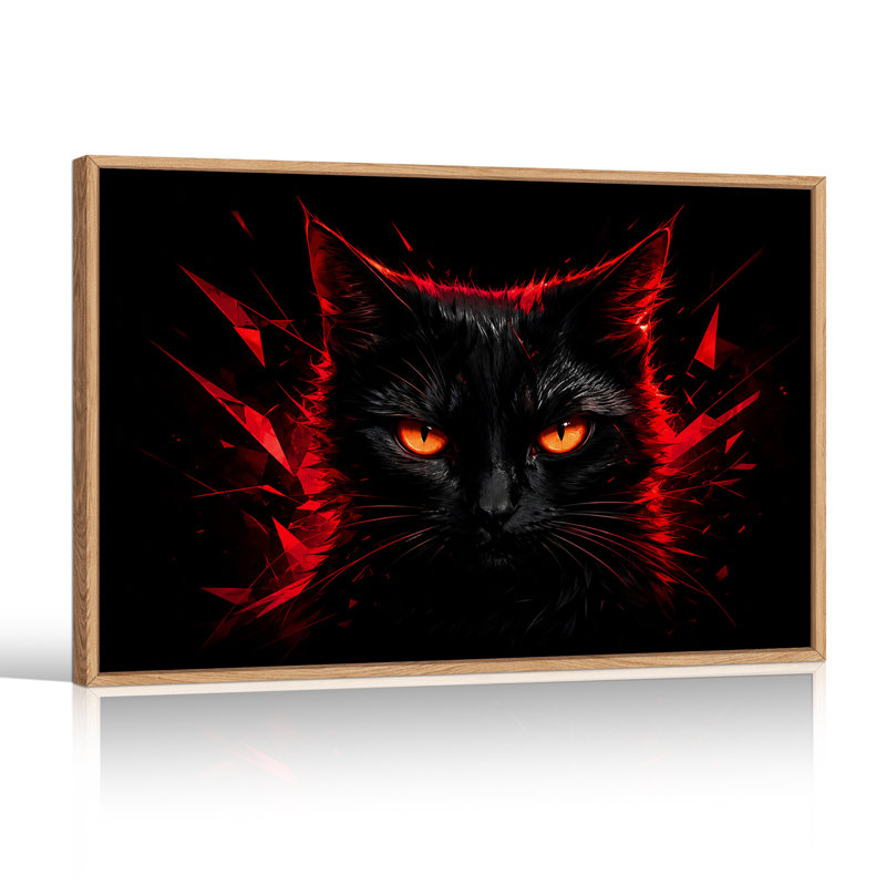 Art sur toile, "Chat noir avec yeux orange brillants et éclats rouges", 32"H x 48"W