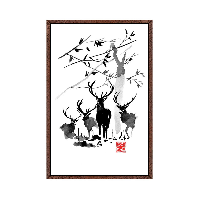 Deer Family by Péchane - Print on Canvas, 66.04 cm H x 45.72 cm W, Classic Brown Wood Framed