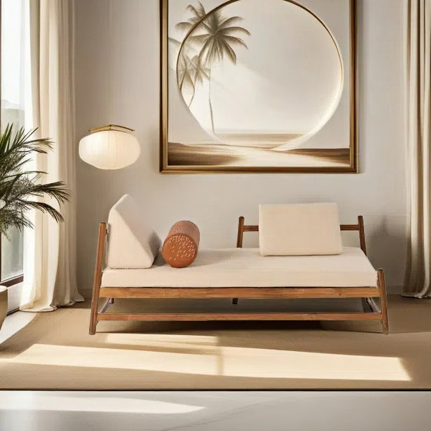 Chaise longue paresseuse simple en bois massif et élégante, Orienté à gauche (vu de face), Beige