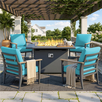Jovita 5-Piece Aluminum Patio Conversation Set With Fire Pit Table, Cushioned Outdoor Chairs & Glass Wind Guard