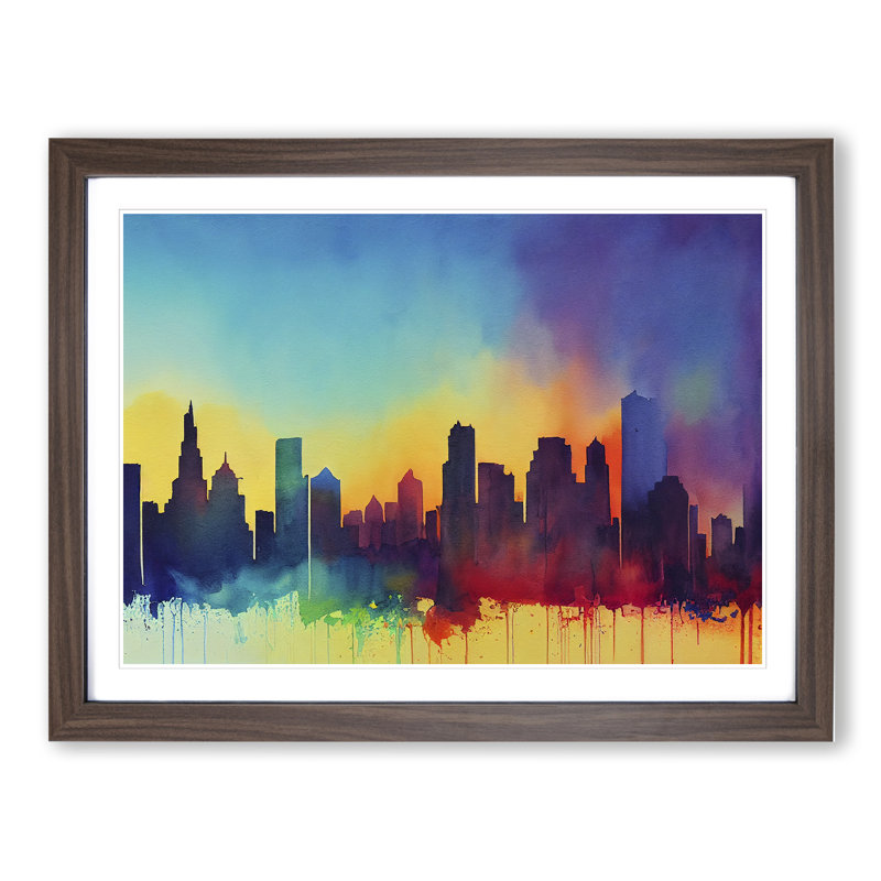 Watercolour City Skyline Vol.7 Abstract 1 Piece Single Picture Frame Wall Art, 46cm H x 64cm W x 2cm D, Walnut Framed