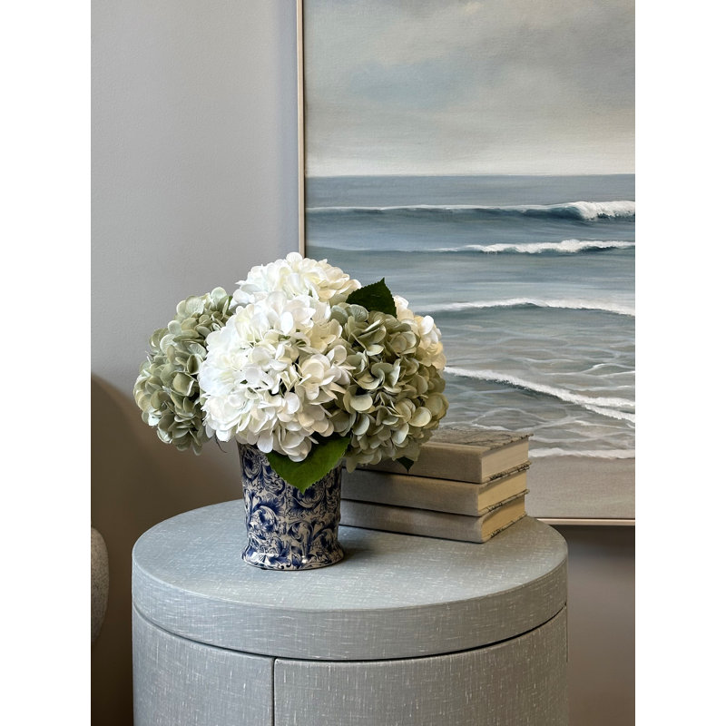 Hydrangea Arrangment In A Chinoiserie Vase, Seafoam Green/White