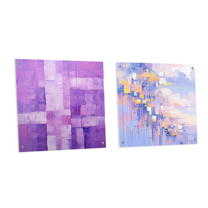 Lavande Art déco, lignes abstraites géométriques abstraites murales en verre acrylique, ensemble de 2, H 16 po x l 33 po