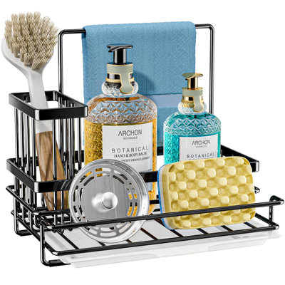 Black Stainless Steel Sink Caddy - Multi-Purpose Kitchen Organizer With Drain Tray And Anti-Slip Feet
