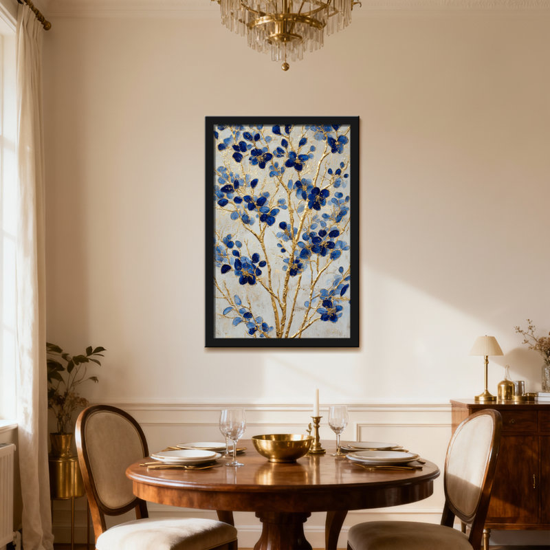 Plantes et fleurs, fleurs bleues, branches dorées, H 36 po x l 24 po, Toile tendue, Ne s’applique pas