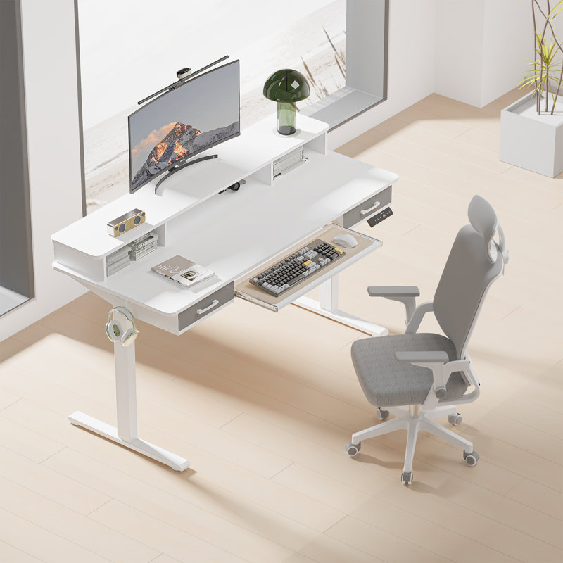 55" Inches Electric Standing Desk with Keyboard Tray, Height Adjustable Stand up Desk with 2 Drawers, Ergonomic Sit to Stand Desk with Storage Monitor Stand, Computer Table, White