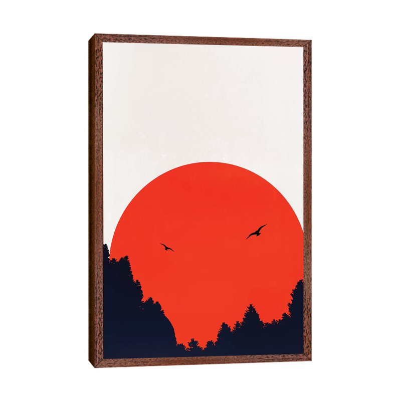 Two Birds - Red 1 Piece Wall Art on Canvas, 101.6cm H x 66.04cm W x 3.81cm D, Classic Brown Wood Floater Framed
