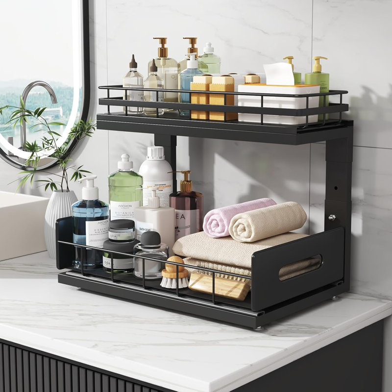 2 Pack Under Sink Organizer With Professional Rails, Dual Pull-Out Drawers, Height Adjustable, Durable Metal Frame For Kitchen And Bathroom Storage