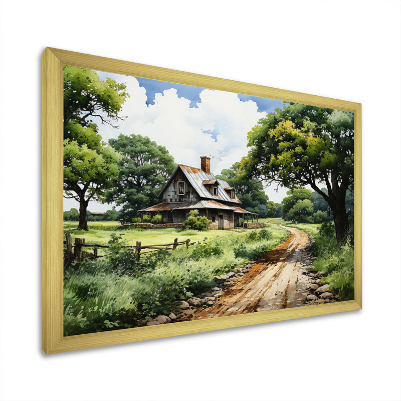 Farmhouse Natures Embrace Pointillism - impression, H 34 po x l 44 po x P 1,5 po, Encadrement doré
