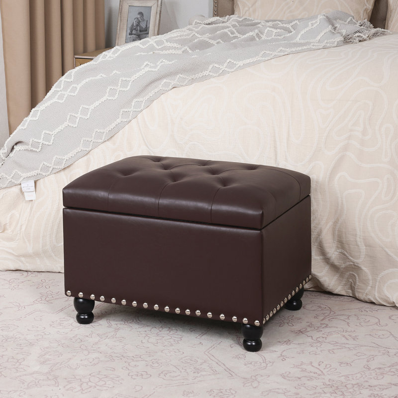 Faux Leather Storage Ottoman Bench With Wooden Legs,  Brown