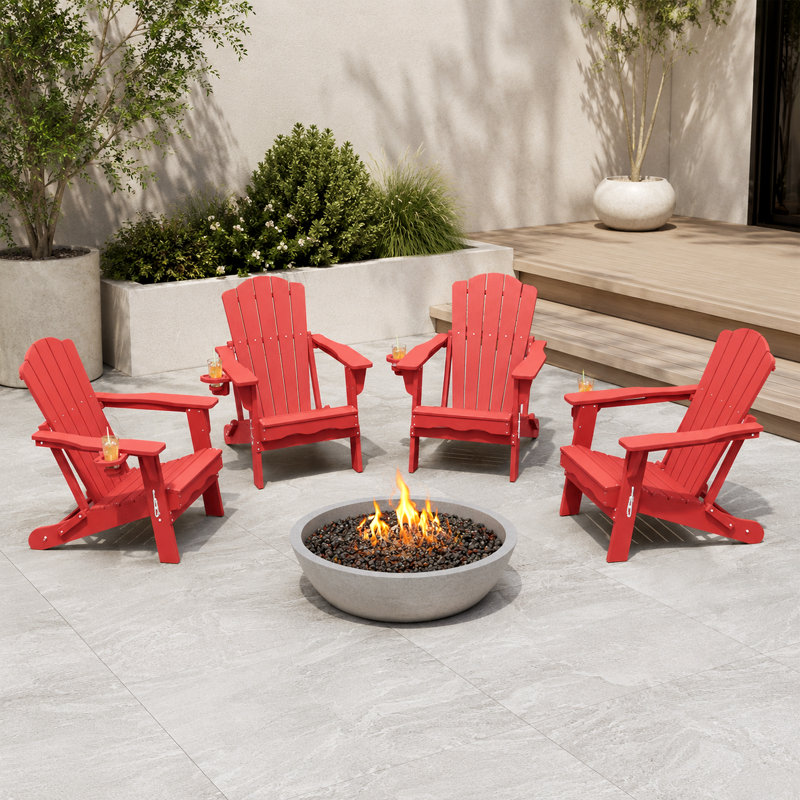 Red All-Weather HDPE Plastic Folding Adirondack Chair with Cup Holder for Patio & Garden (Set of 8), Red, 8