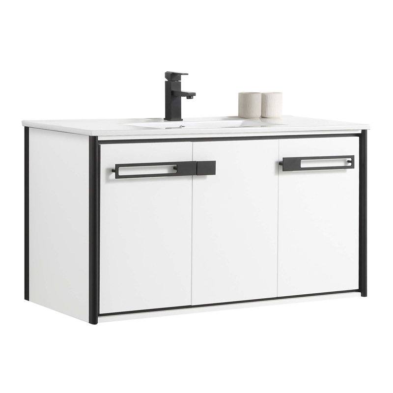 42'' Single Bathroom Vanity with Vitreous China Top, Matte Black, White Matte