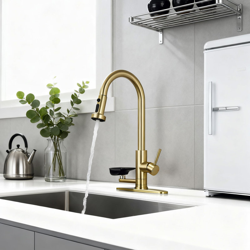 Robinet de cuisine escamotable à un trou avec rinçage en verre et robinets d'évier de cuisine à poignée simple, Brushed Gold