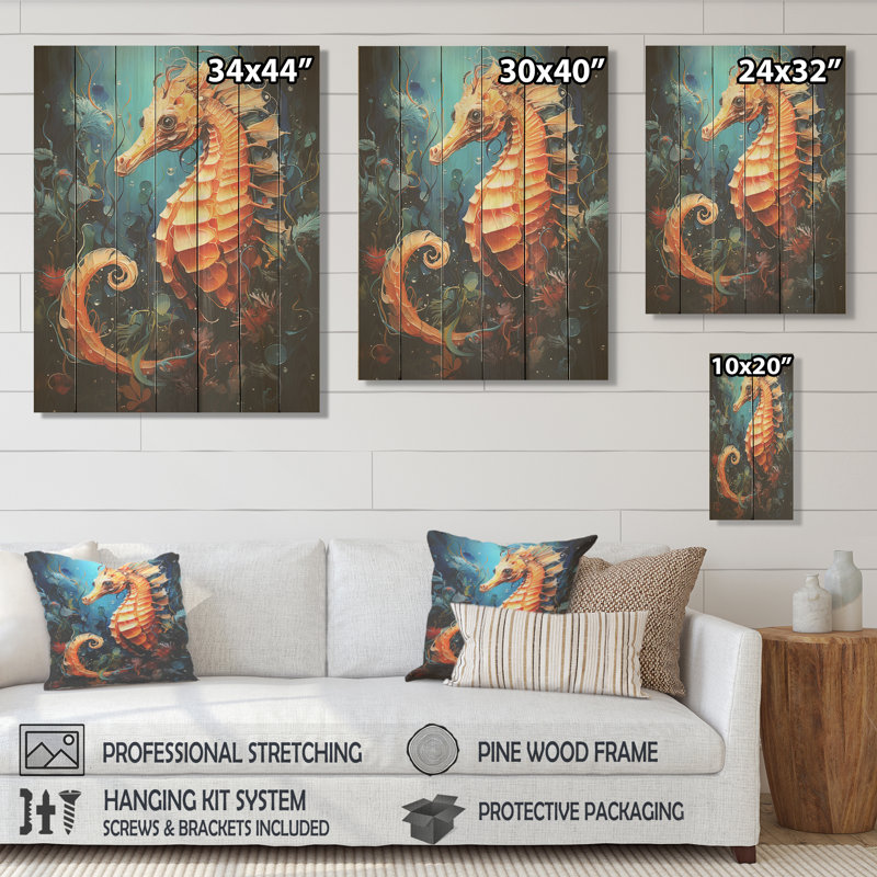 Orange et bleu, hippocampe symphonie II - Hippocampe, impression sur bois, H 20 po x l 10 po