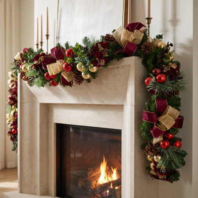 Jhamal 9' Holiday Garland with Hydrangeas, Ornaments and Bows