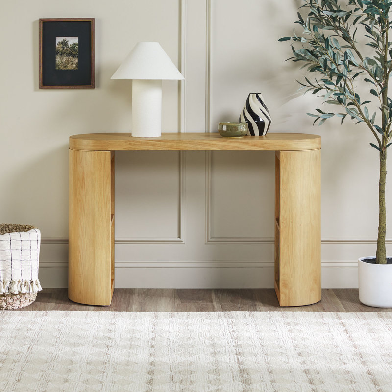 Aaric Modern Easy Assembly Oak Veneer 48" Console Table with Column Legs and Storage, White Oak