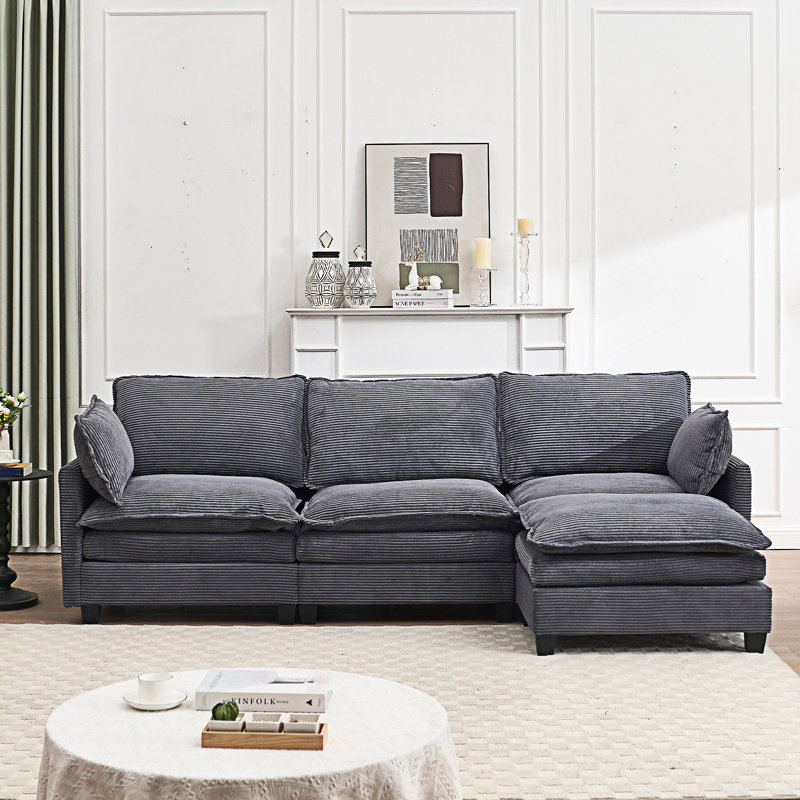 Canapé modulaire, canapé rembourré 3 places avec 1 repose-pieds, Velours gris foncé