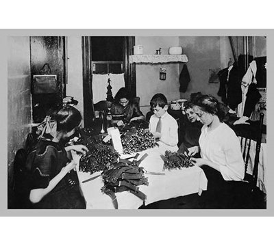 Family Sitting at Table Working with Garters - Photographic Print