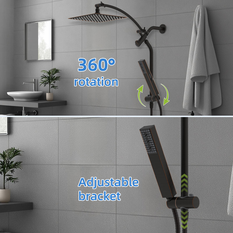 cUPC Certified High pressure metal 10-inch rainfall shower head/ handheld shower combo, 4-setting handheld sprayer, 12-inch adjustable curved extension arm, 71-inch stainless steel shower hose,height-adjustabled handheld shower holder,  Oil Rubbed Bronze