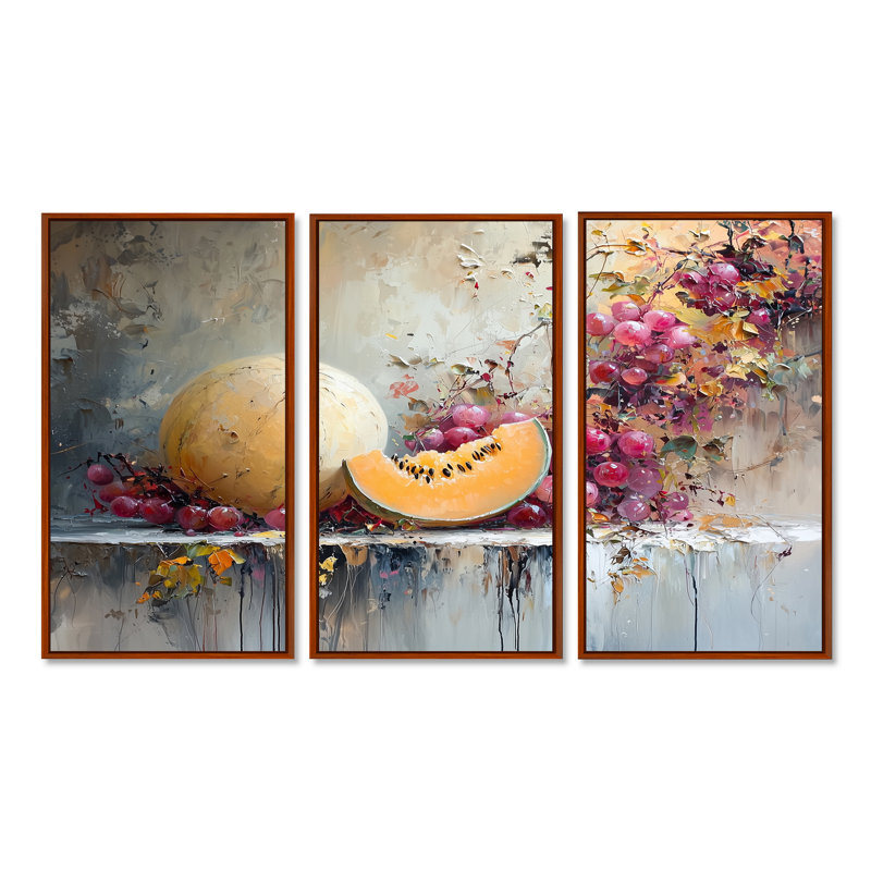 Ensemble de salon Melon dans des tons oranges et roses - Melon Wall Art, Toile avec cadre flottant or, 28" H x 36" W x 1" D
