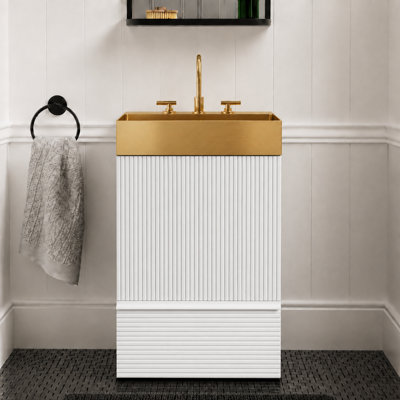 20" Matte White Striped Bathroom Vanity with Integrated Brushed Gold Metal Vessel Sink, Freestanding Bathroom Cabinet for Modern Bathroom, One-Piece Gold Metal Basin without Faucet, KD