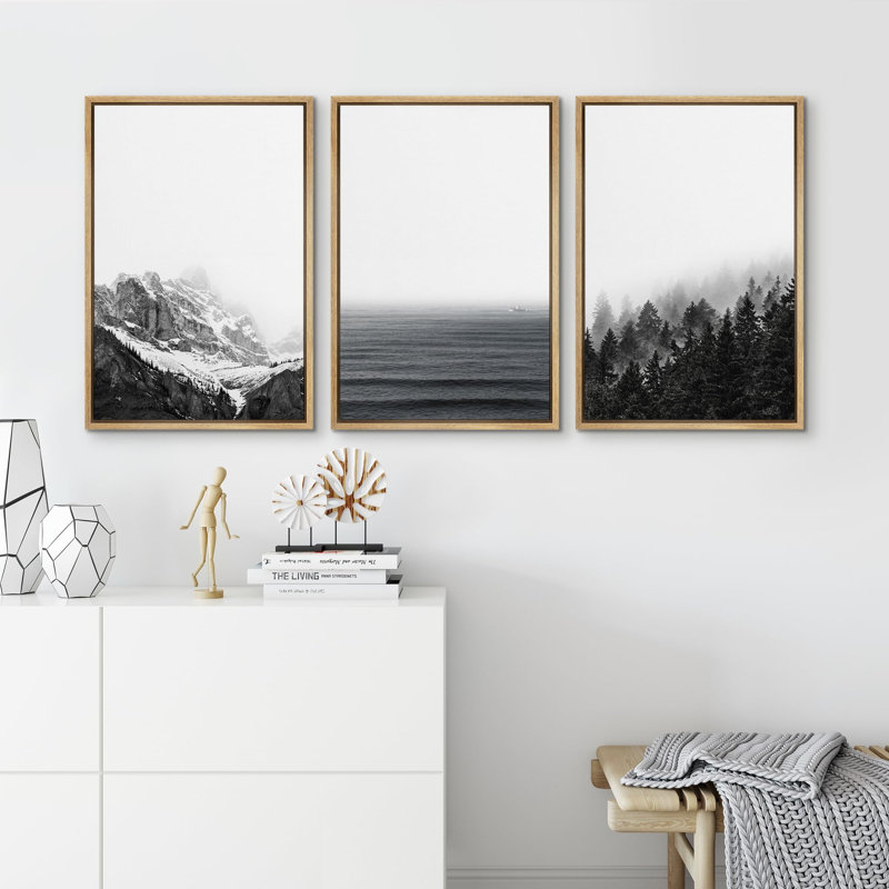 "Noir et blanc, paysage de montagne, illustrations, art moderne, salon, chambre à coucher, bureau", 3 pièces, Naturel